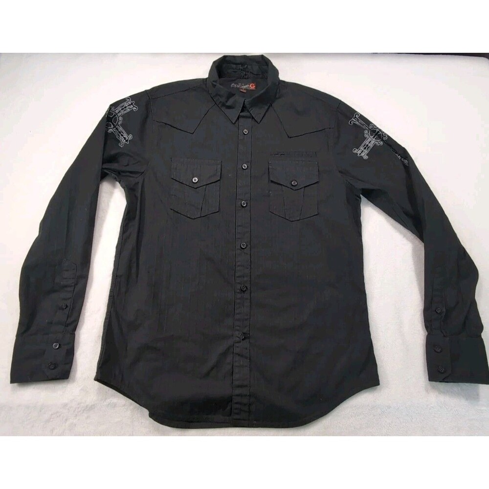 G by Guess Button Up Black Gray Cross Print Long Sleeve Shirt Men’s Size Large